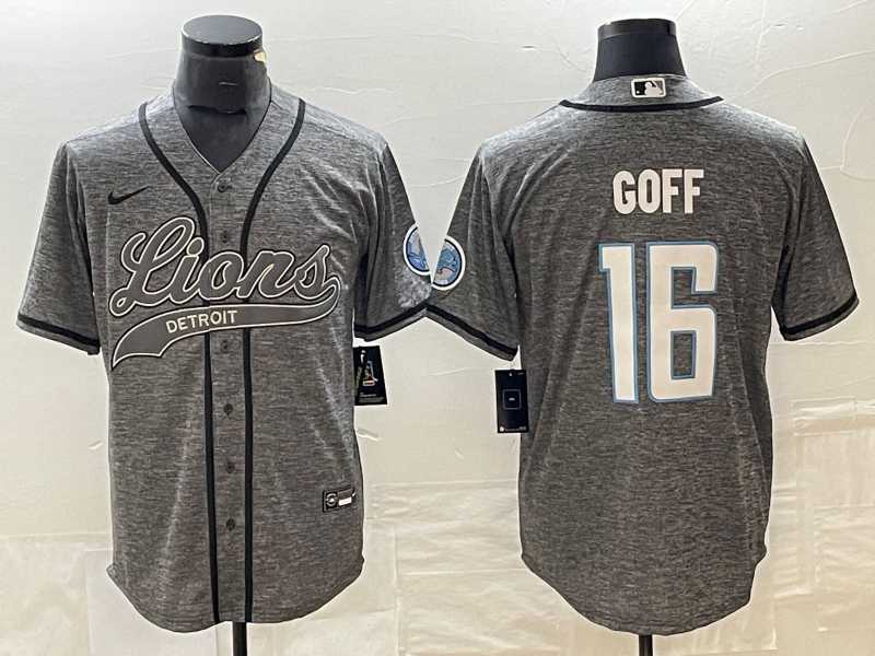 Mens Detroit Lions #16 Jared Goff Grey Gridiron With Patch Cool Base Baseball Limited Jersey
